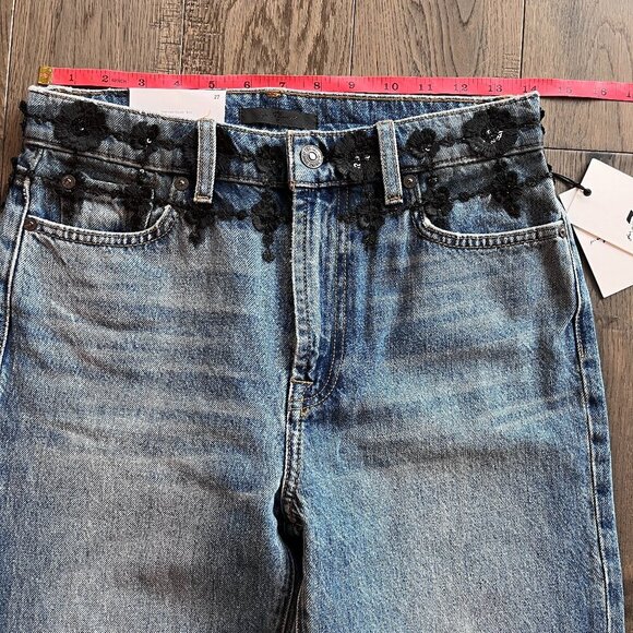 7 For All Mankind Dojo High Rise Flare Trouser Jeans Size 27 Lace Embroidery NWT - Picture 8 of 9